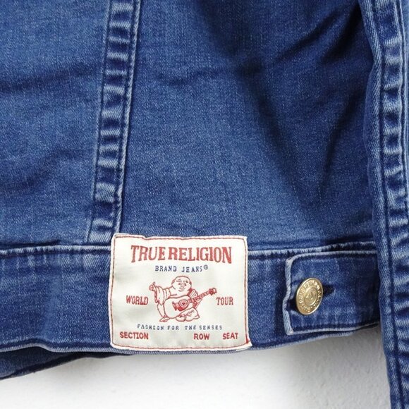 True Religion Jimmy Trucker Jacket Women's Size L Blue Denim Slim Western - Picture 5 of 8